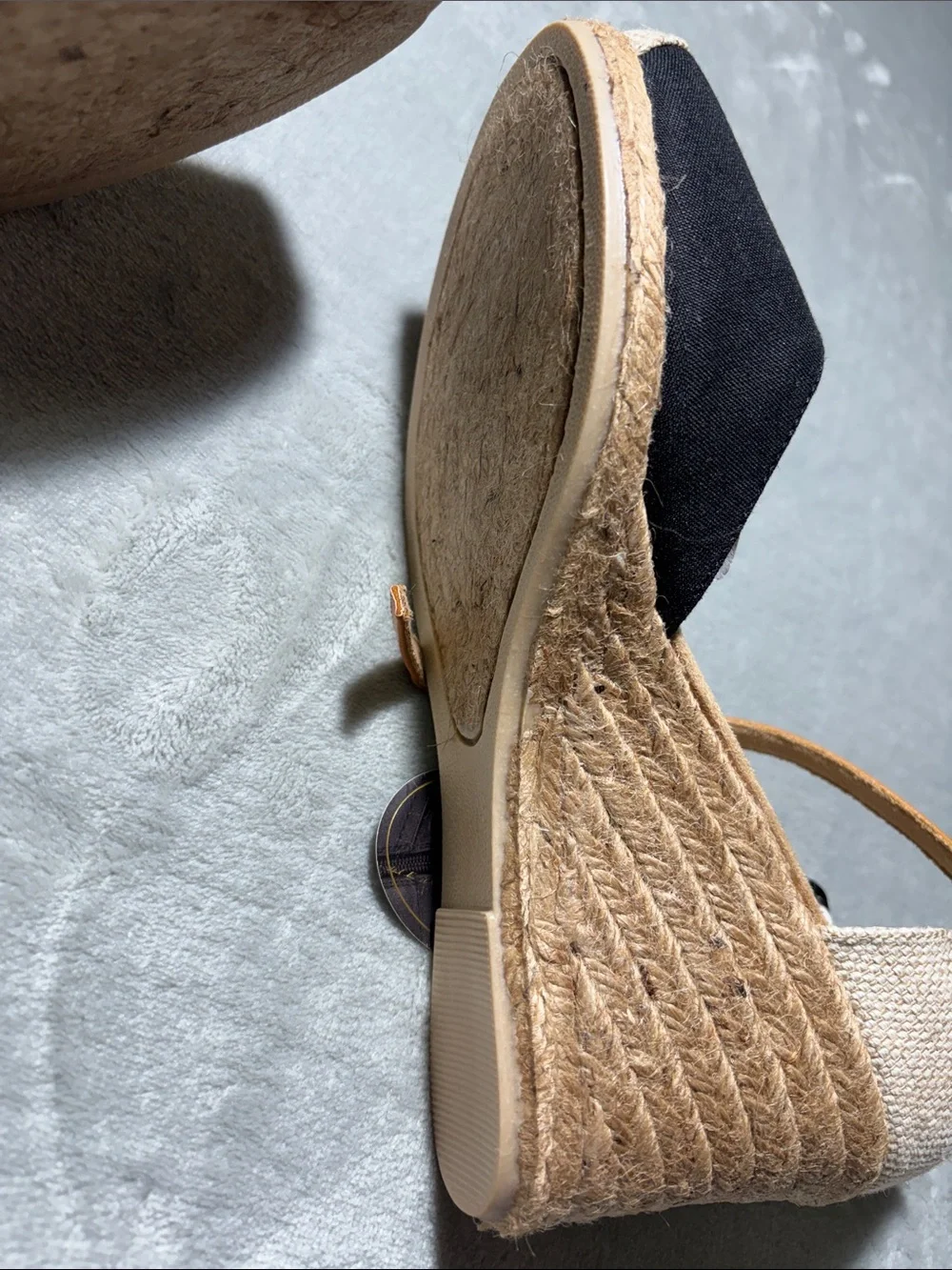 White Mountain Black and Tan Espadrille Wedge Sandals